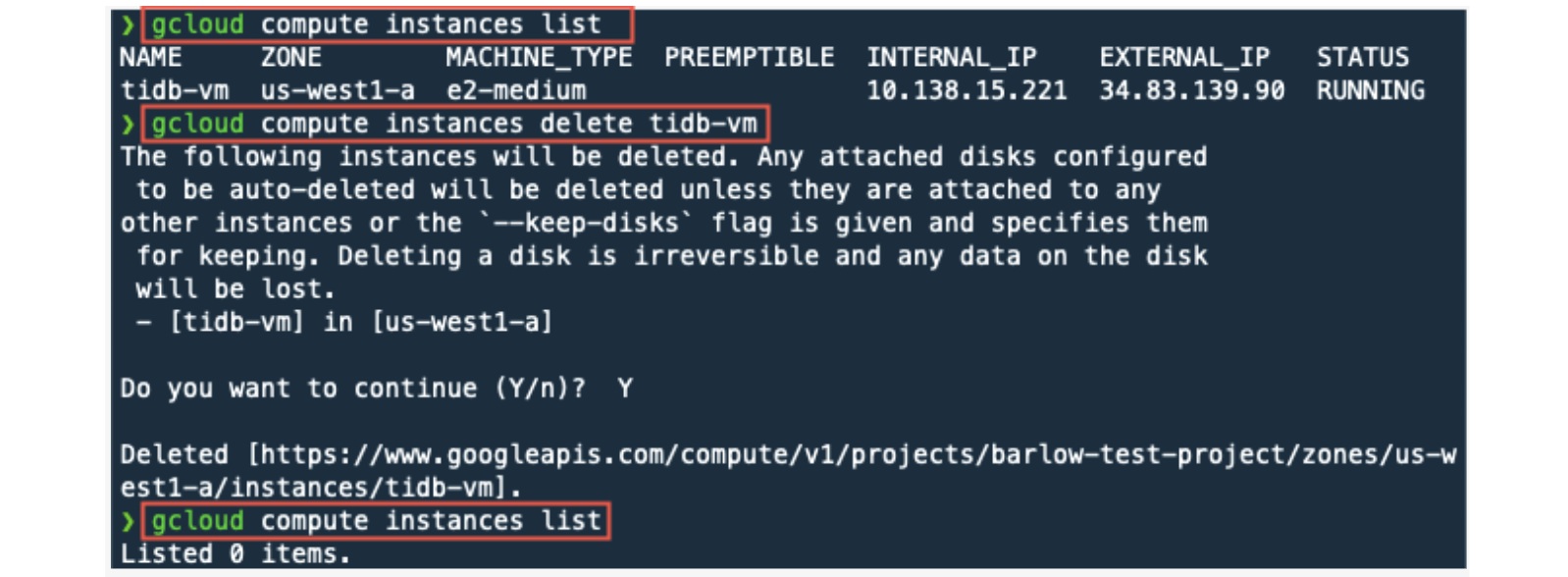 Delete the tidb-vm instance