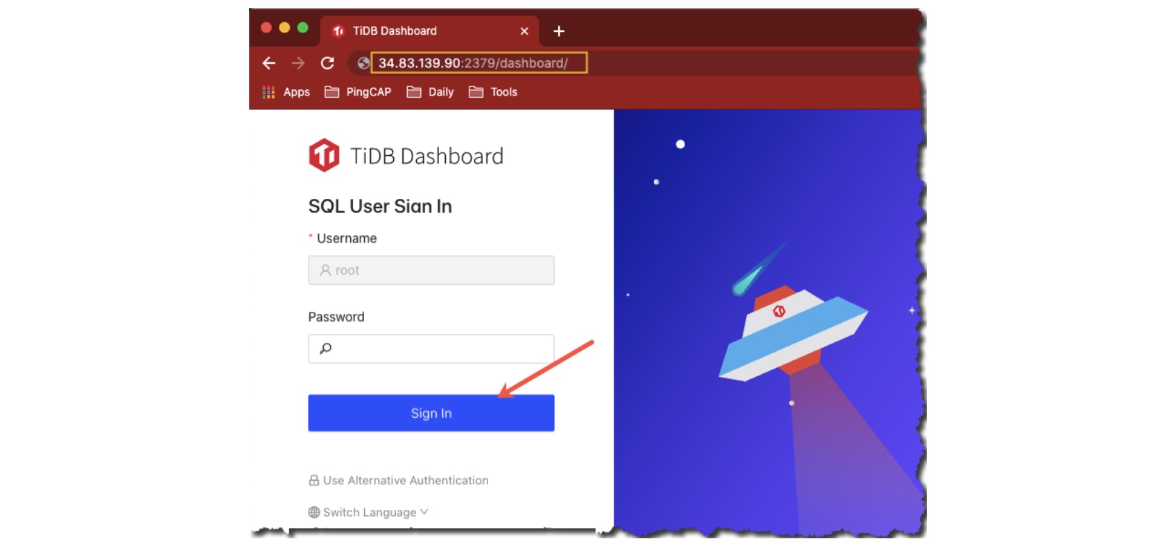 TiDB Dashboard sign-in