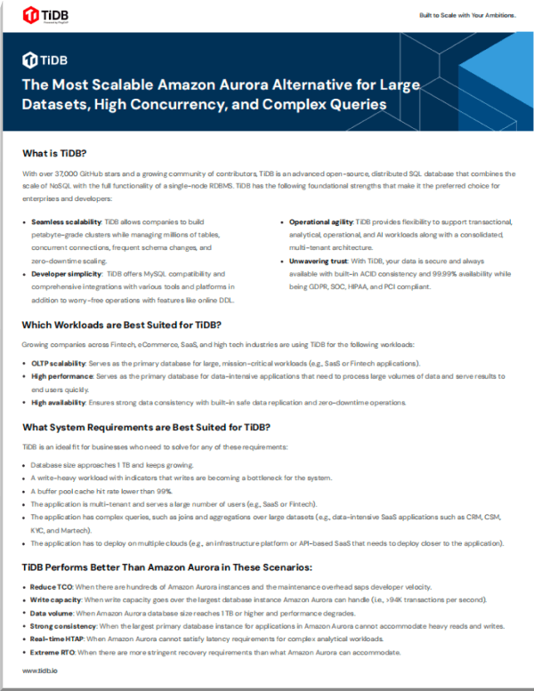 TiDB vs. Amazon Aurora Datasheet
