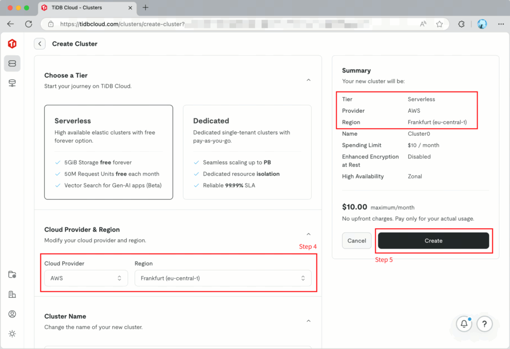 Create a TiDB Cloud Serverless cluster