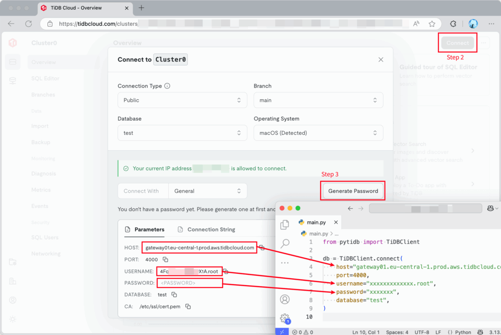 Fill the connection parameters