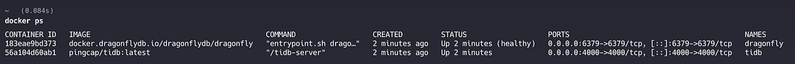 Both TiDB and Dragonfly are running inside Docker â TiDB on port 4000, Dragonfly on port 6379.