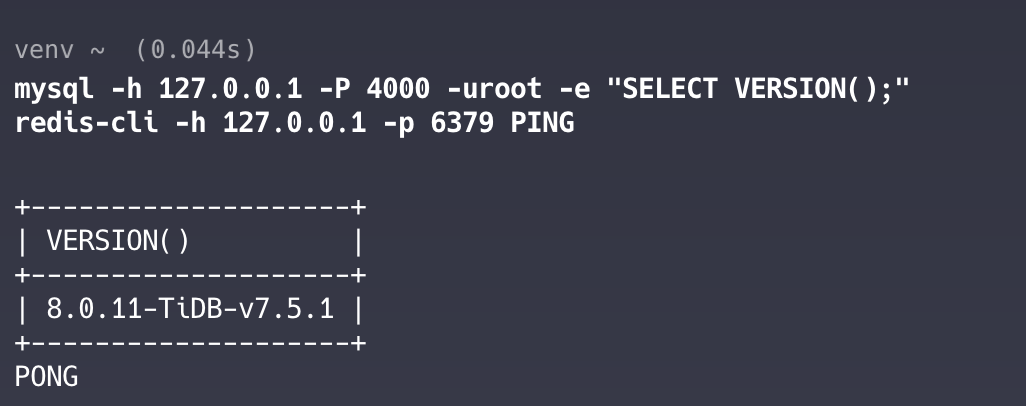 Quick health check: TiDB responds with version 8.0.11-TiDB-v7.5.1 and Dragonfly returns PONG, confirming both services are ready.