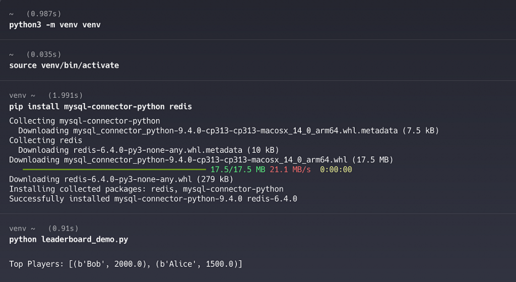 Setting up a Python virtual environment, installing dependencies (mysql-connector-python and redis), and running the leaderboard_demo.py script — showing Bob and Alice ranked in the DragonflyDB leaderboard.