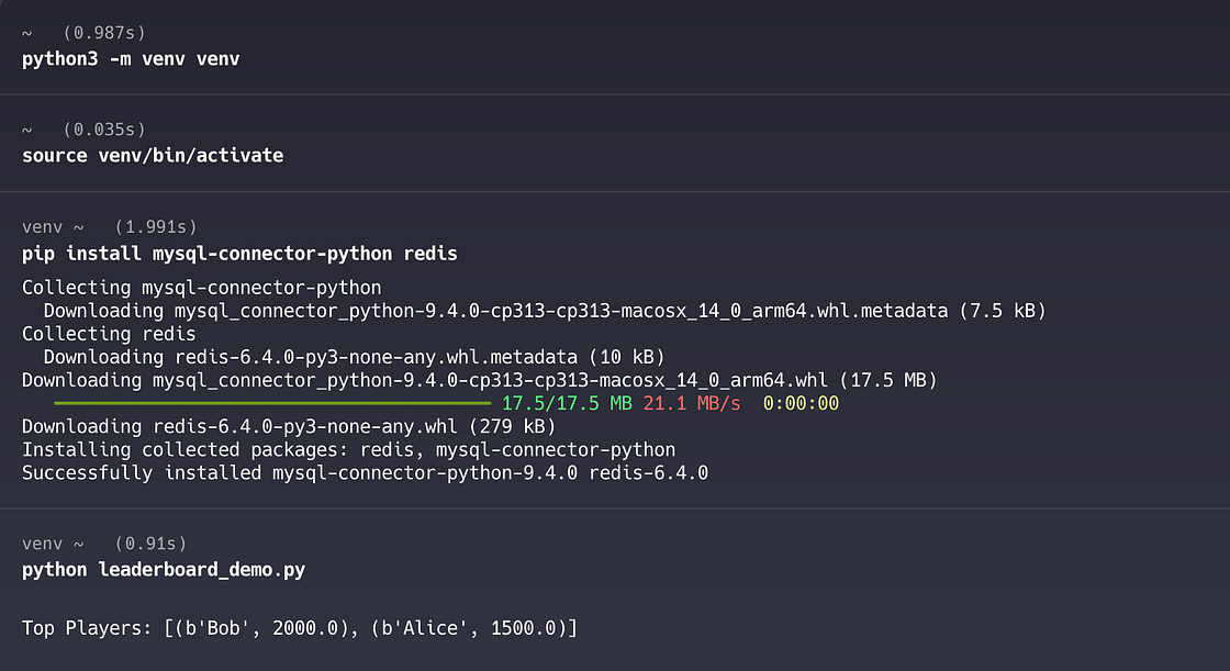 Setting up a Python virtual environment, installing dependencies (mysql-connector-python and redis), and running the leaderboard_demo.py script â showing Bob and Alice ranked in the DragonflyDB leaderboard.