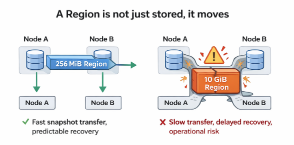 Diagram comparing 256 MB region snapshot transfer vs 10 GB region recovery bottleneck.