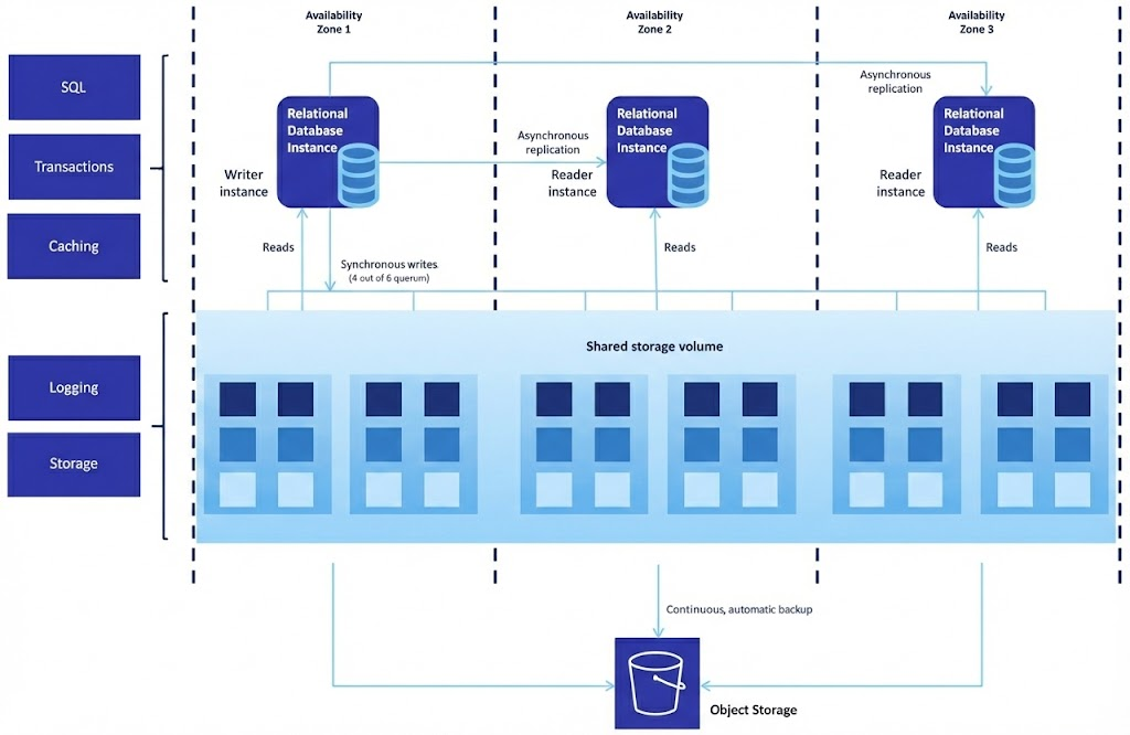 Amazon Aurora architecture showing a distributed system across three Availability Zones featuring a writer instance and two reader instances connected to a central shared storage volume.