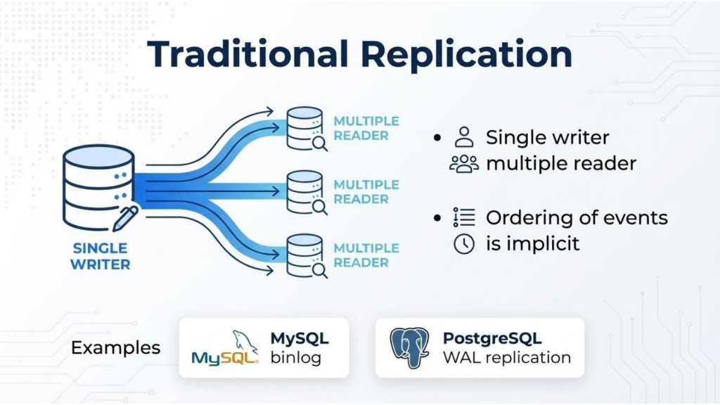 Traditional single-writer replication model: Single writer, multiple readers, implicit event ordering.