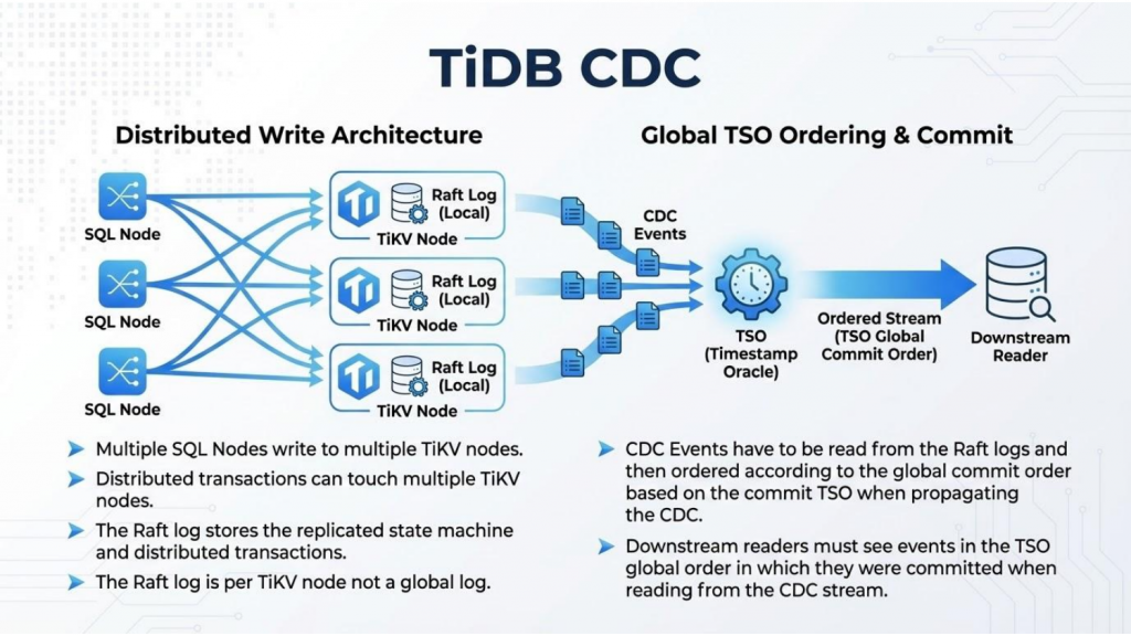 TiDB multi-write CDC distributed architecture with Global TSO ordering.