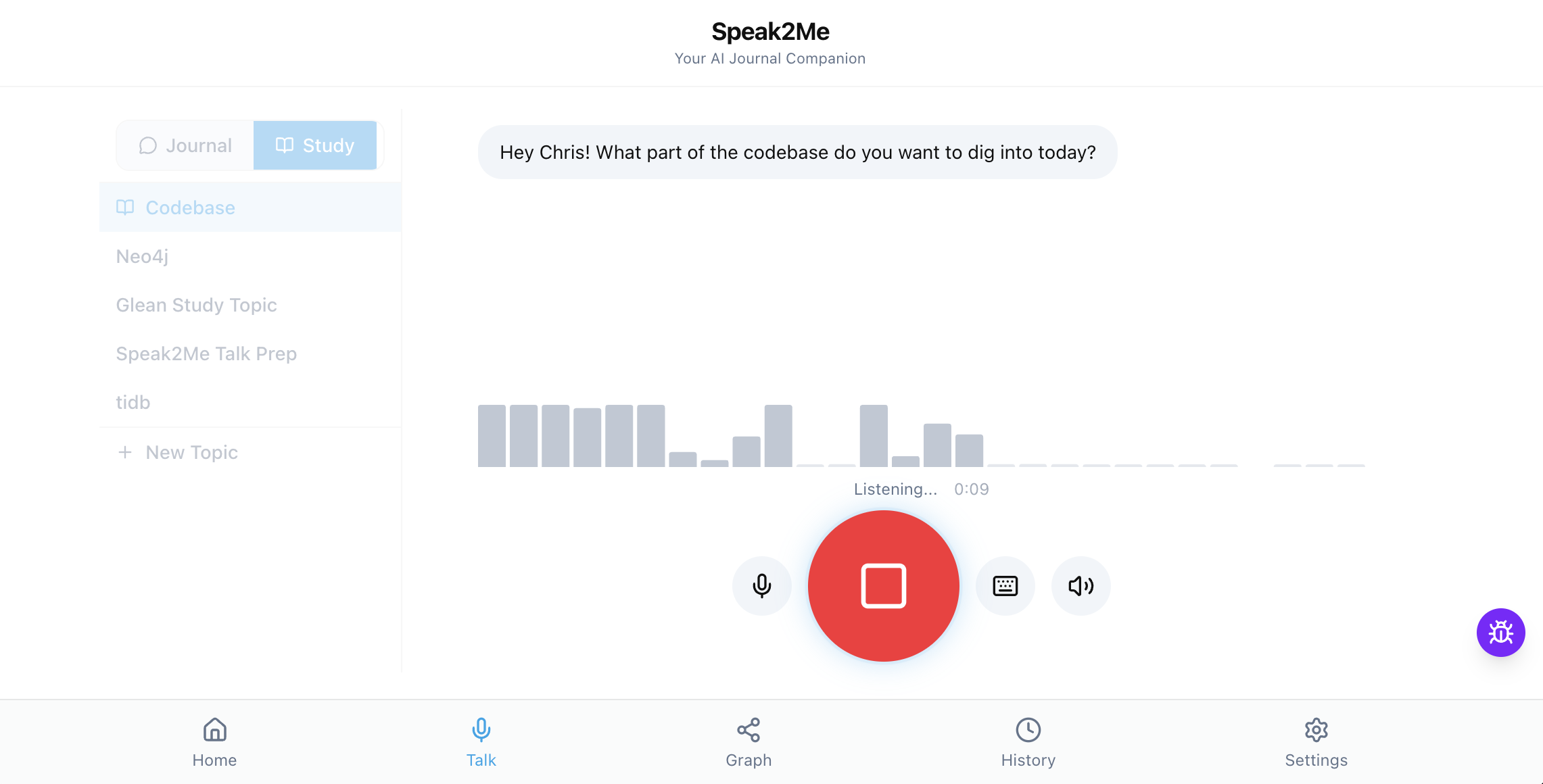 Build AI voice tutor interface with audio waveform and topic sidebar