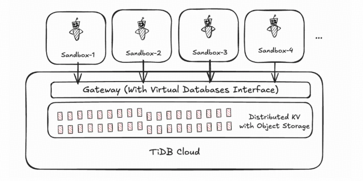 TiDB Cloud: a virtual database per sandbox, backed by one shared distributed KV substrate on object storage.