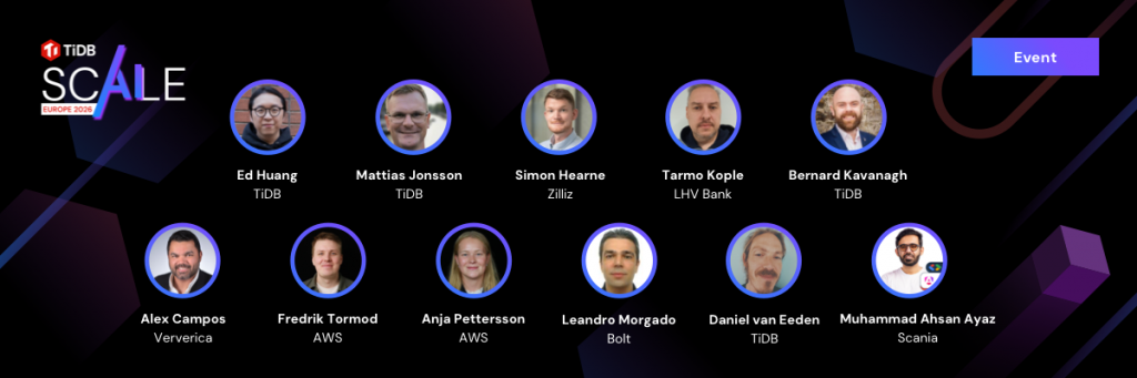 List of speakers that make up the TiDB SCaiLE Europe 2026 agenda.