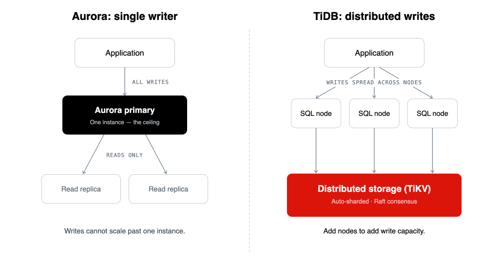 Amazon Aurora routes all write scaling through one primary instance; TiDB spreads writes across nodes backed by distributed storage.