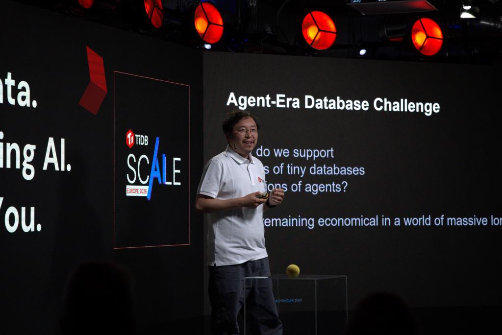 Ed Huang delivering the opening keynote at TiDB SCaiLE Europe 2026 focused on the multi-tenant agent database.